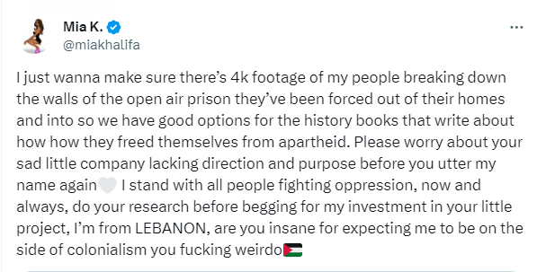 Mia Khalifa's Comment on the Israel-Hamas Conflict Has Sparked Controversy